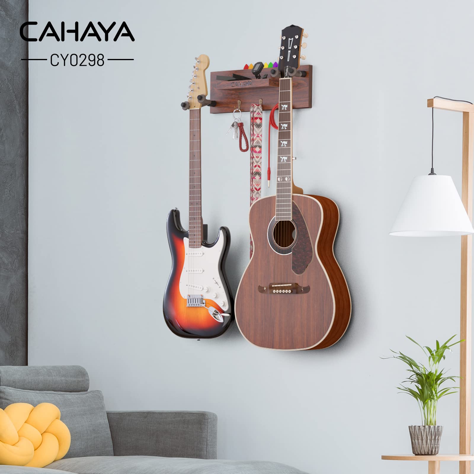 CAHAYA Guitar Wall Mount Hanger with Shelf and Pick Holder Rotatable Rubber Hooks Take 2 Guitars for Acoustic Electric Bass Violin Banjo Mandolin Ukulele CY0298