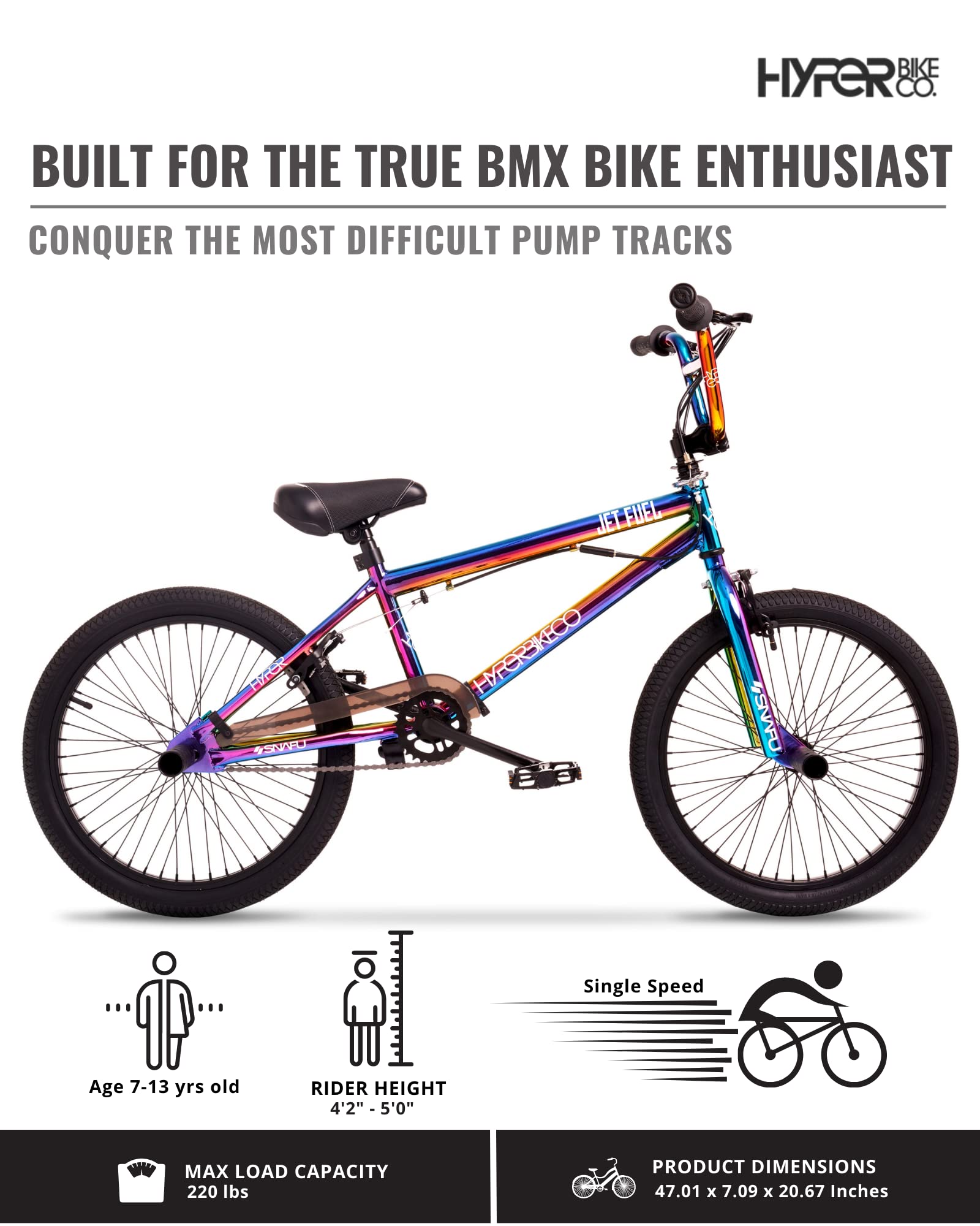 Hyper BMX Bike 20 Inch, Single Speed, Front and Rear Sprockets, Steel BMX Frame. 360 Handlebar Rotation. Park Ready Bicycle for Kids. Jet Fuel Finish