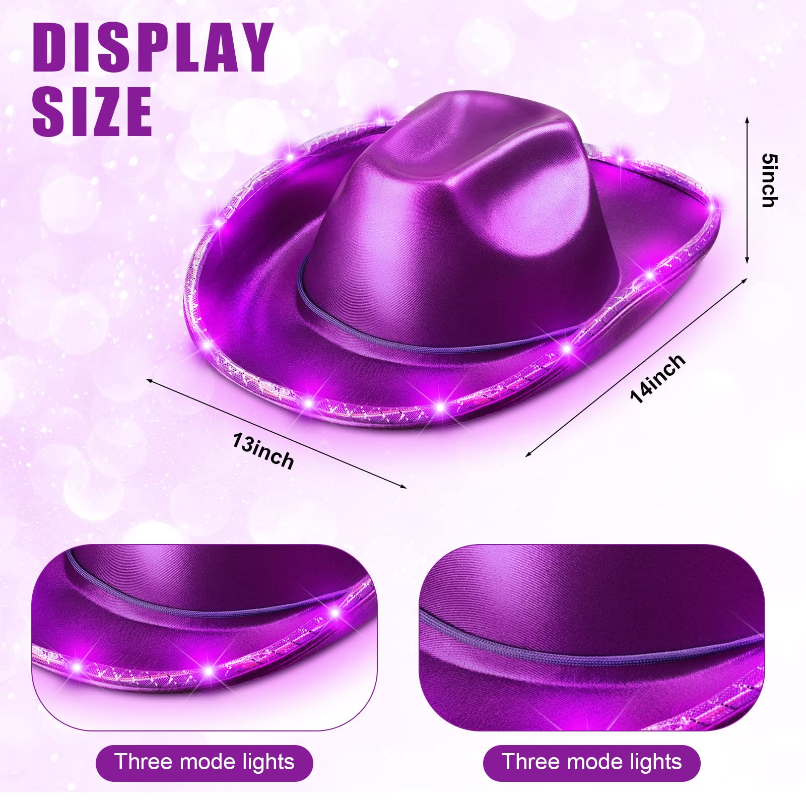 Zhanmai 8 Pieces Cowboy Hat LED Light Up Hat and Heart Sunglasses Sparkly Space Cowgirl Hat for Women Girls Halloween Costume (Purple)