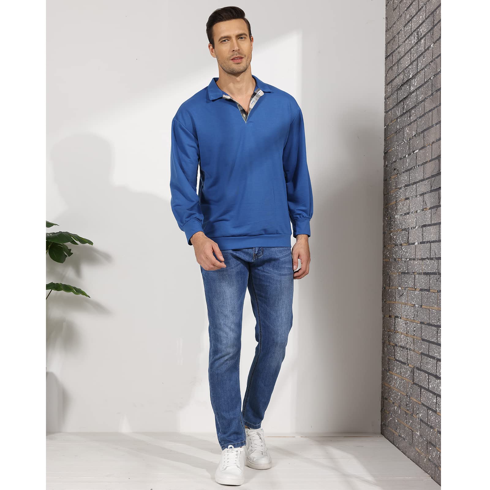 Men's Long Sleeve Pullover Polo Shirts-Casual Loose Fit V Neck Sweatshirts Plaid Tops Blue XL