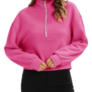 Artfish Womens Cropped Sweatshirts Half Quarter Zip Pullovers Long Sleeve Crop Tops Workout Gym Hoodies Hot Pink S