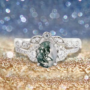 Self Love Rings Oval White Stone Ring Luxury Diamond Oval Green Plant Pattern Ring Wedding Engagement Jewelry Gift (Silver, 7)