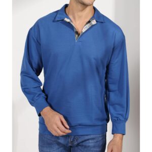 Men's Long Sleeve Pullover Polo Shirts-Casual Loose Fit V Neck Sweatshirts Plaid Tops Blue XL