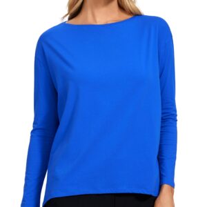 CRZ YOGA Pima Cotton Long Sleeve Workout Shirts for Women Loose Fit Athletic Yoga Shirt Casual Boat Neck Fall Tops Strong Blue Medium