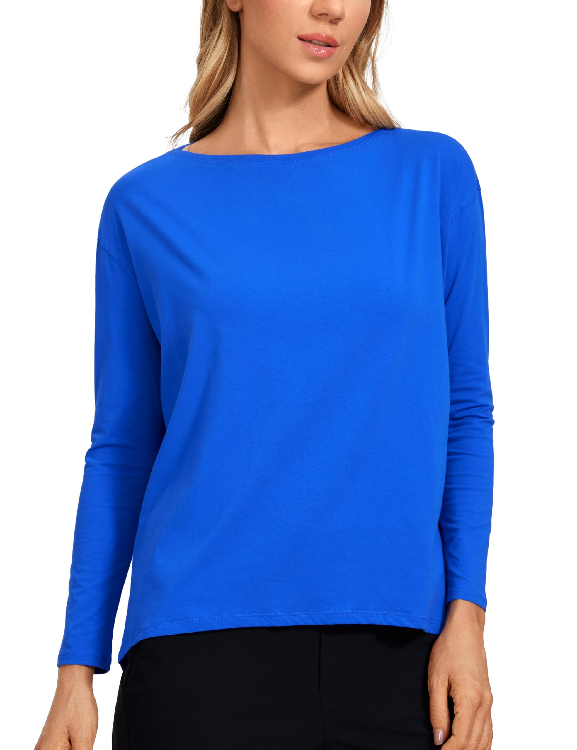 CRZ YOGA Pima Cotton Long Sleeve Workout Shirts for Women Loose Fit Athletic Yoga Shirt Casual Boat Neck Fall Tops Strong Blue Medium