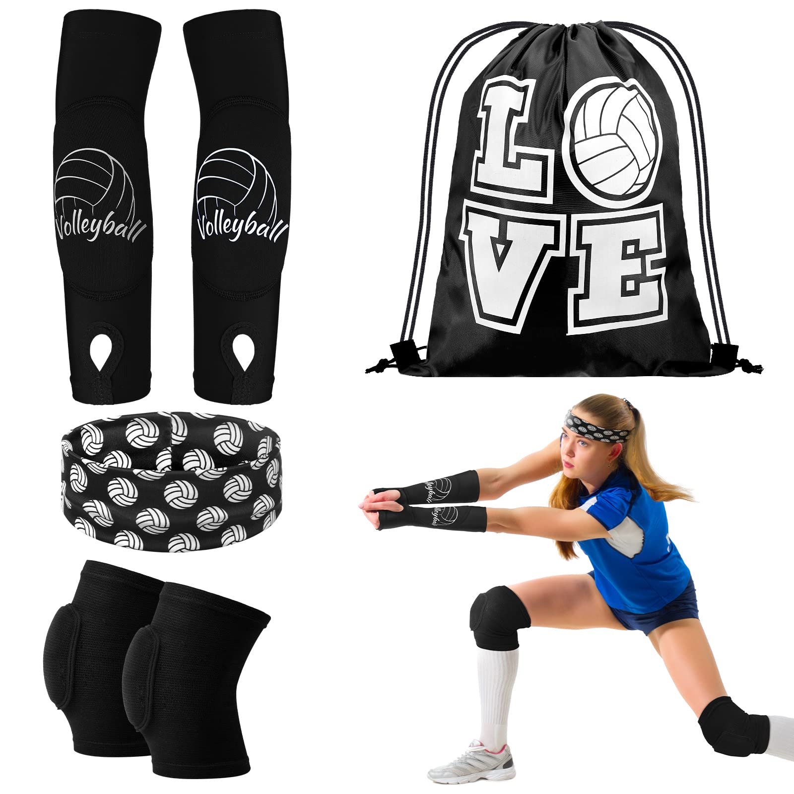 Yinder 4 Pcs Volleyball Accessories Include Volleyball Knee Pads Volleyball Arm Sleeves Volleyball Drawstring Bag Volleyball Softball Headbands for Women Volleyball Training Dance(Small,Black)