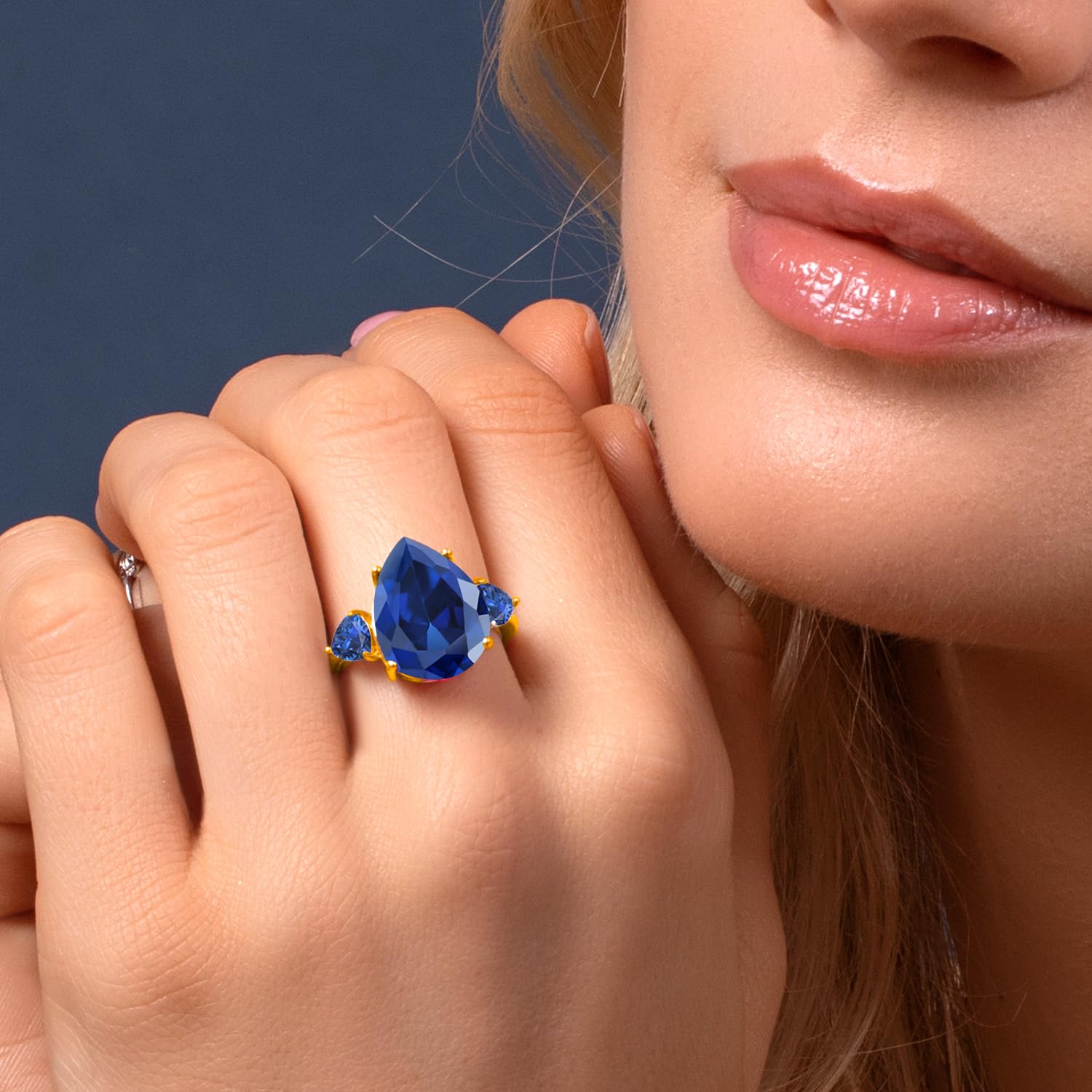 Gem Stone King 18K Yellow Gold Plated Silver Blue Simulated Sapphire Ring For Women (11.28 Cttw, Pear Shape 16X12MM, Available In Size 5, 6, 7, 8, 9)