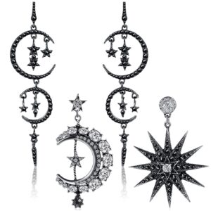 2 pairs goth earrings moon drop earrings sun star earring rhinestone punk earrings vintage long drop dangle stud for women(black)