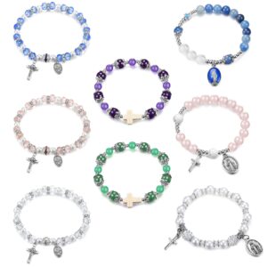 LOLIAS 8Pcs Rosary Beads Catholic Stretch Bracelets for Women Crystal Cross Bracelet with Crucifix and Miraculous Medal