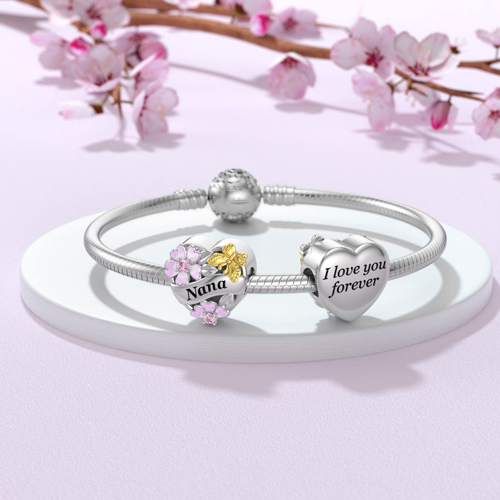 925 Sterling Silver Nana Charms for Pandora Charms Bracelet Grandma Heart Charm I Love You Moon and Back with Butterfly and Flower