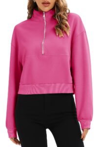 artfish womens cropped sweatshirts half quarter zip pullovers long sleeve crop tops workout gym hoodies hot pink s