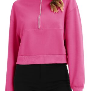 Artfish Womens Cropped Sweatshirts Half Quarter Zip Pullovers Long Sleeve Crop Tops Workout Gym Hoodies Hot Pink S