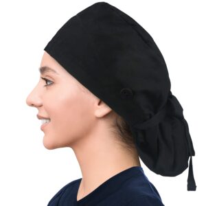 IRIS CRAFT Adjustable Working Cap with Button, Satin-Lined Cotton Working Hat Sweatband, Elastic Bandage Tie Back Hats for Women & Men, One Size, Black with Satin-Lined