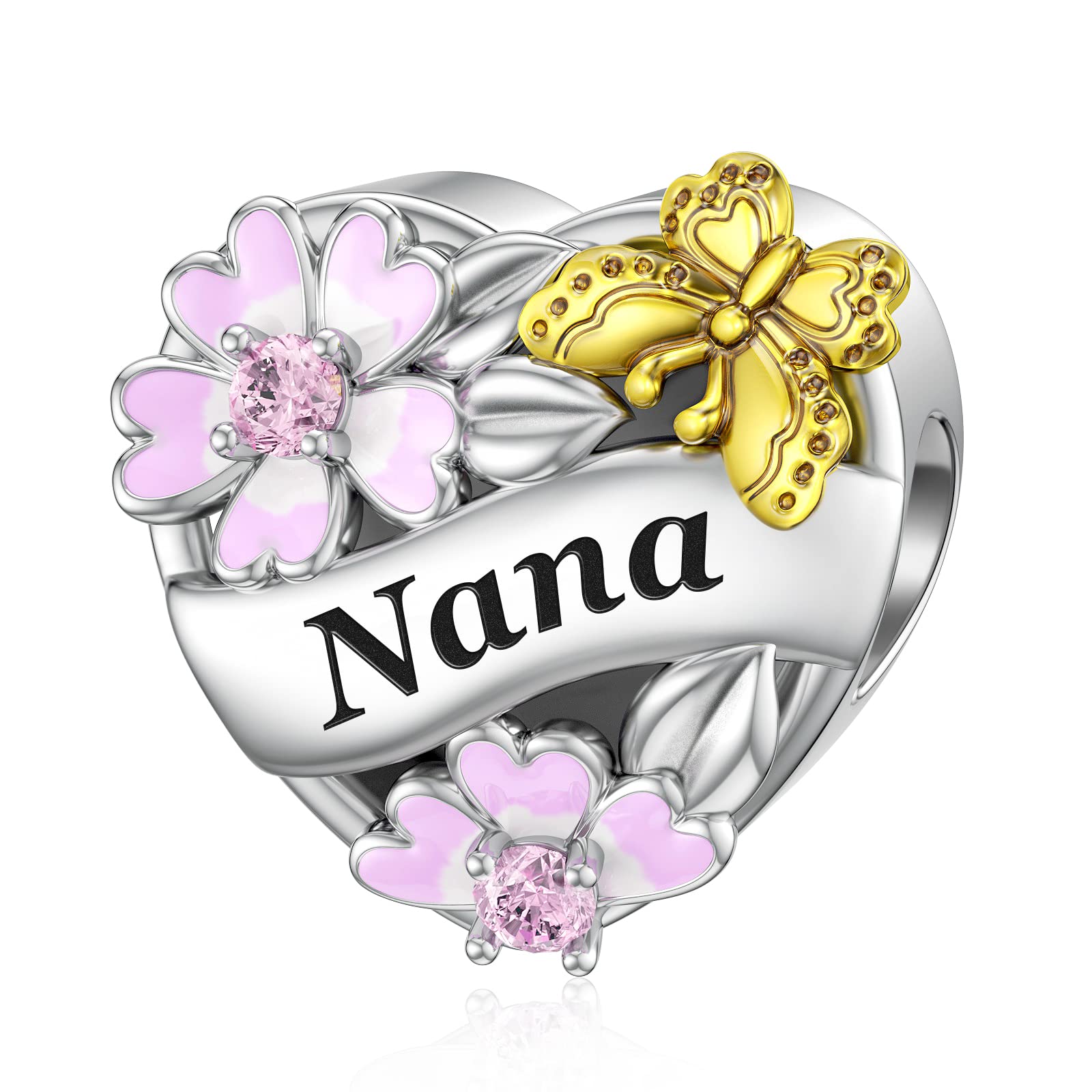 925 Sterling Silver Nana Charms for Pandora Charms Bracelet Grandma Heart Charm I Love You Moon and Back with Butterfly and Flower