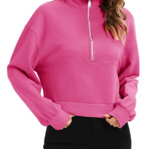 Artfish Womens Cropped Sweatshirts Half Quarter Zip Pullovers Long Sleeve Crop Tops Workout Gym Hoodies Hot Pink S