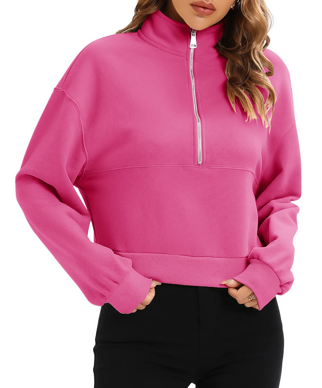 Artfish Womens Cropped Sweatshirts Half Quarter Zip Pullovers Long Sleeve Crop Tops Workout Gym Hoodies Hot Pink S