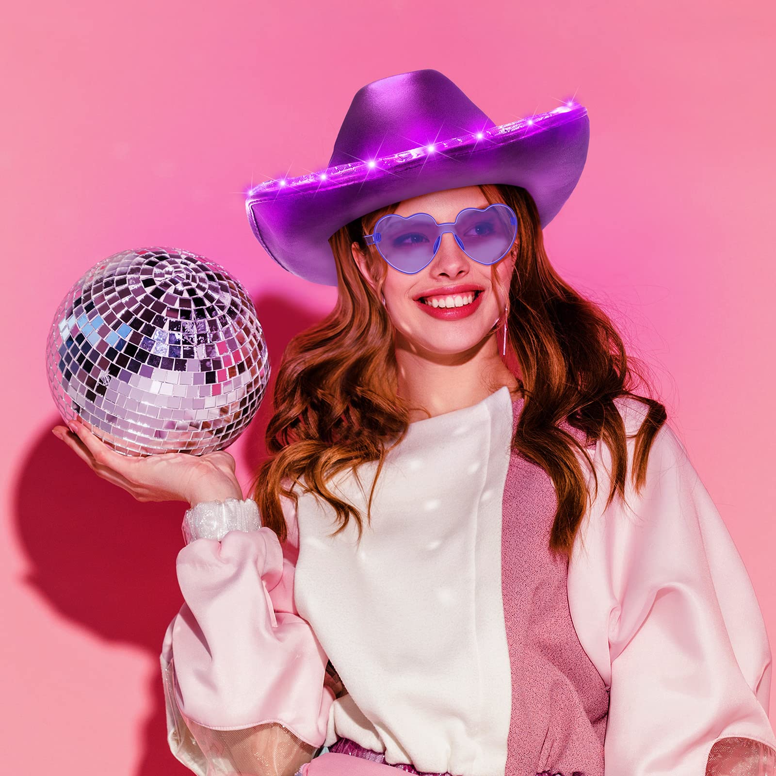 Zhanmai 8 Pieces Cowboy Hat LED Light Up Hat and Heart Sunglasses Sparkly Space Cowgirl Hat for Women Girls Halloween Costume (Purple)