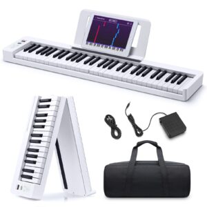 donner 61-key folding bluetooth keyboard piano for beginners, portable piano keyboard with music rest, bag, pedal, and app - white