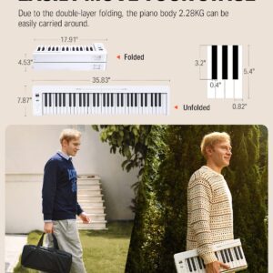 Donner 61-Key Folding Bluetooth Keyboard Piano for Beginners, Portable Piano Keyboard with Music Rest, Bag, Pedal, and App - White