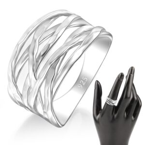 minddha overlapping rings for women - designer criss cross rings - 925 sterling silver wide band ring, criss cross silver rings for women - made in israel jewelry, 12mm width - size 8