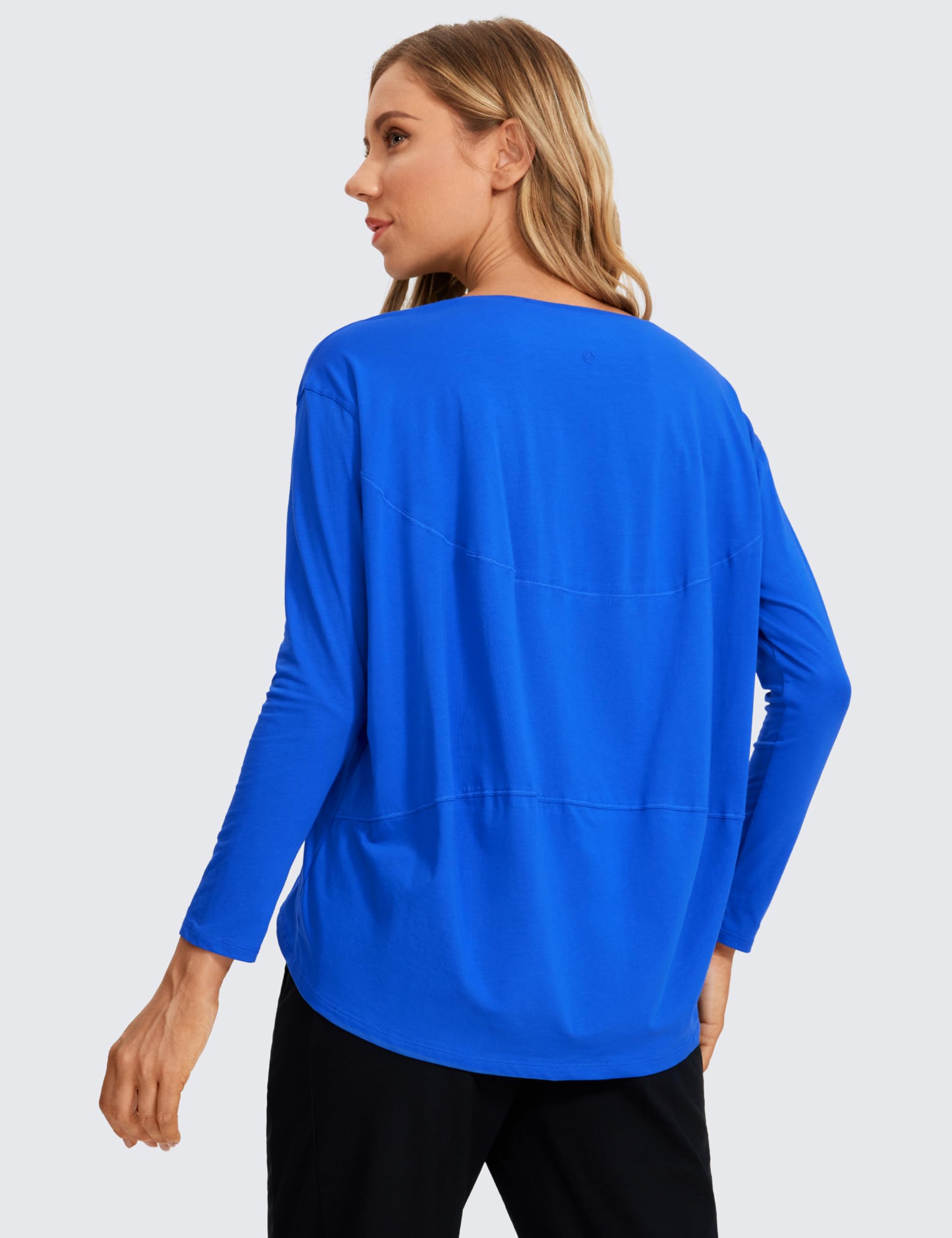 CRZ YOGA Pima Cotton Long Sleeve Workout Shirts for Women Loose Fit Athletic Yoga Shirt Casual Boat Neck Fall Tops Strong Blue Medium