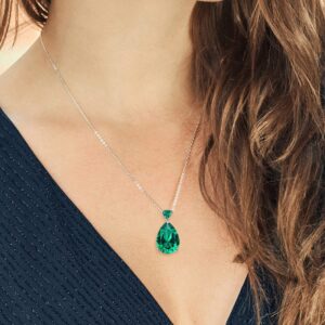 Gem Stone King 925 Sterling Silver Pear Shape Green Nano Emerald Pendant Necklace For Women (9.72 Cttw, with 18 Inch Silver Chain)