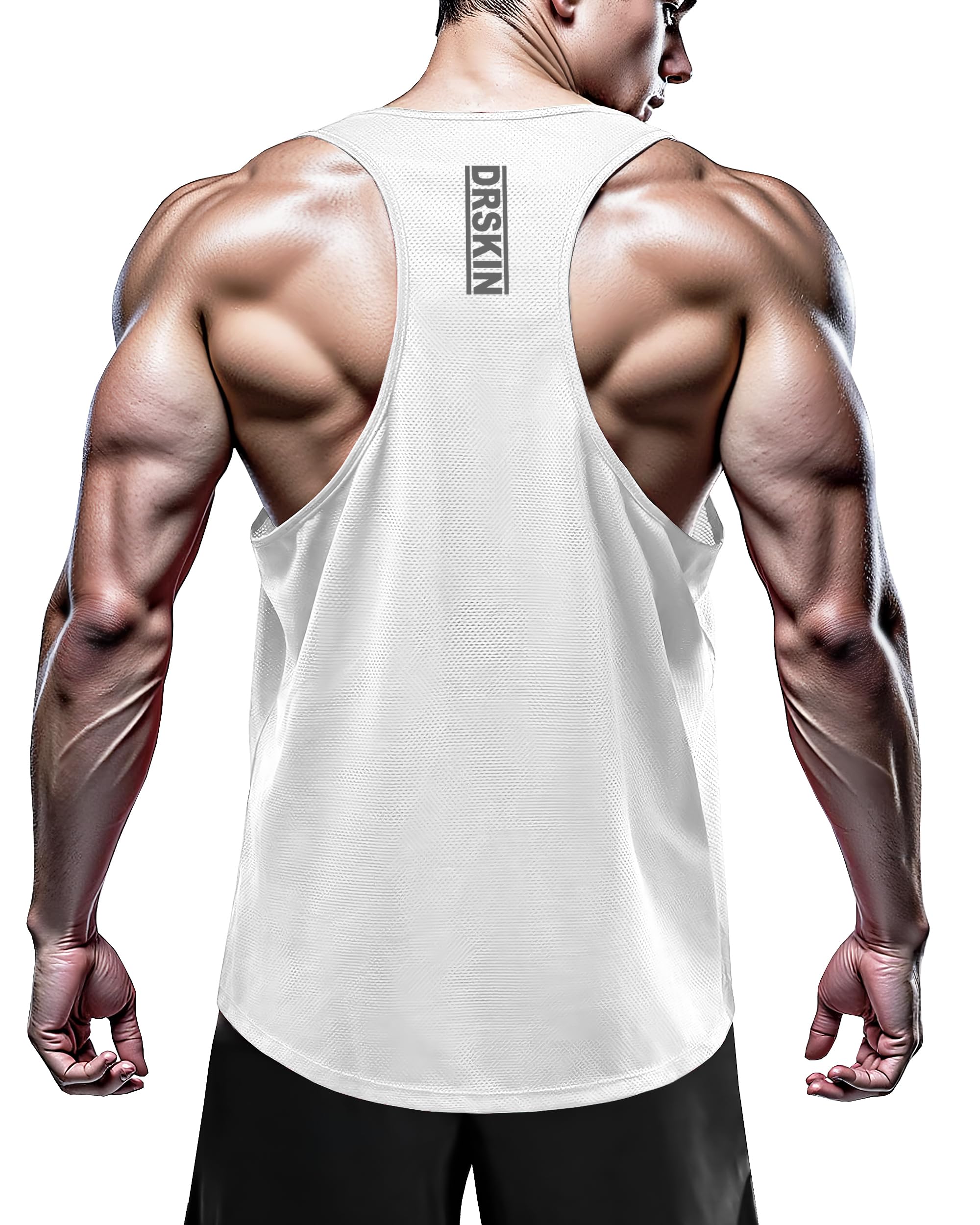 DRSKIN Men's 4 Pack Dry Fit Y-Back Muscle Tank Tops Mesh Sleeveless Gym Bodybuilding Training Athletic Workout Cool Shirts (BTF-ME-TA-(B,W,N,G), L)