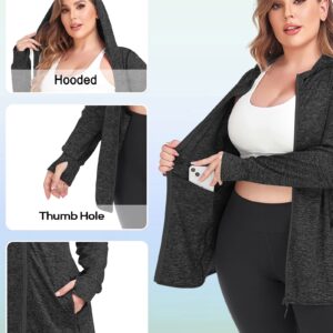 COOTRY Womens Plus Size Workout Jackets Full Zip Up Lightweight Athletic Running Hoodies with Thumb Holes Black 3XL