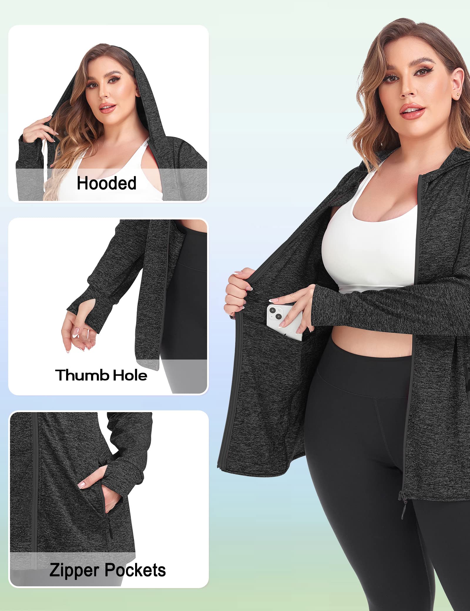 COOTRY Womens Plus Size Workout Jackets Full Zip Up Lightweight Athletic Running Hoodies with Thumb Holes Black 3XL