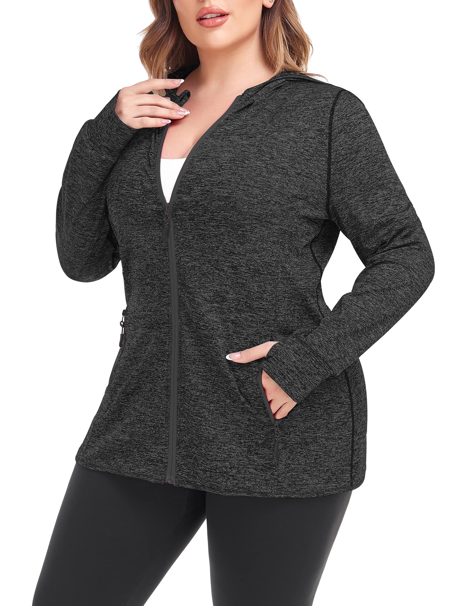 COOTRY Womens Plus Size Workout Jackets Full Zip Up Lightweight Athletic Running Hoodies with Thumb Holes Black 3XL