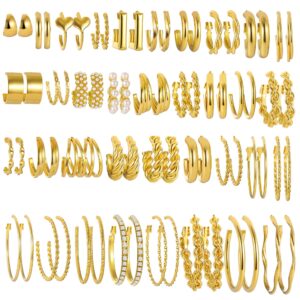 36 pairs gold hoop earrings set for women multipack, hypoallergenic chunky chain twisted hoop earrings pack, fashion dangle earrings jewelry for gift (a-36pairs gold)