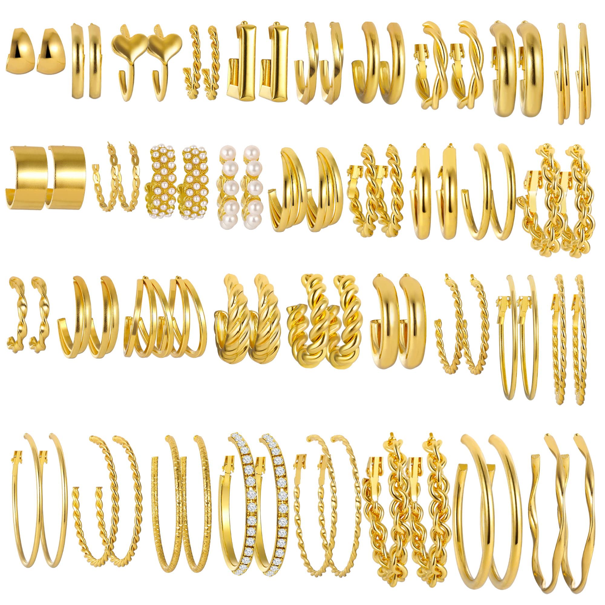 36 Pairs Gold Hoop Earrings Set for Women Multipack, Hypoallergenic Chunky Chain Twisted Hoop Earrings Pack, Fashion Dangle Earrings Jewelry for Gift (A-36Pairs Gold)