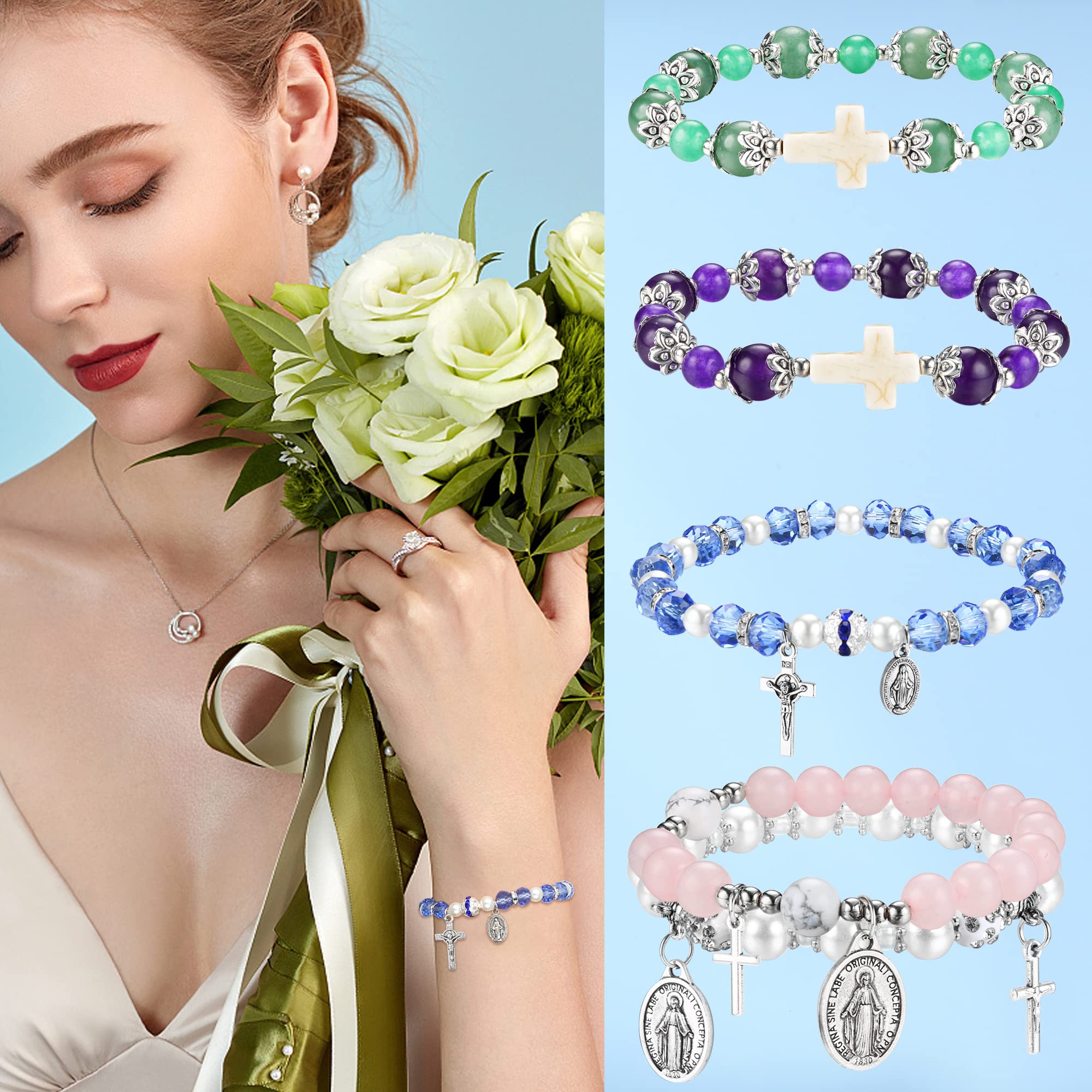 LOLIAS 8Pcs Rosary Beads Catholic Stretch Bracelets for Women Crystal Cross Bracelet with Crucifix and Miraculous Medal