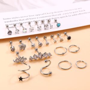 FASACCO 24Pcs Cartilage Earring for Women Men Surgical Steel Stud Earrings Set Forward Helix Earrings Small CZ Moon Star Opal Screw Back Earrings Conch Helix Tragus Piercing Jewelry Silver