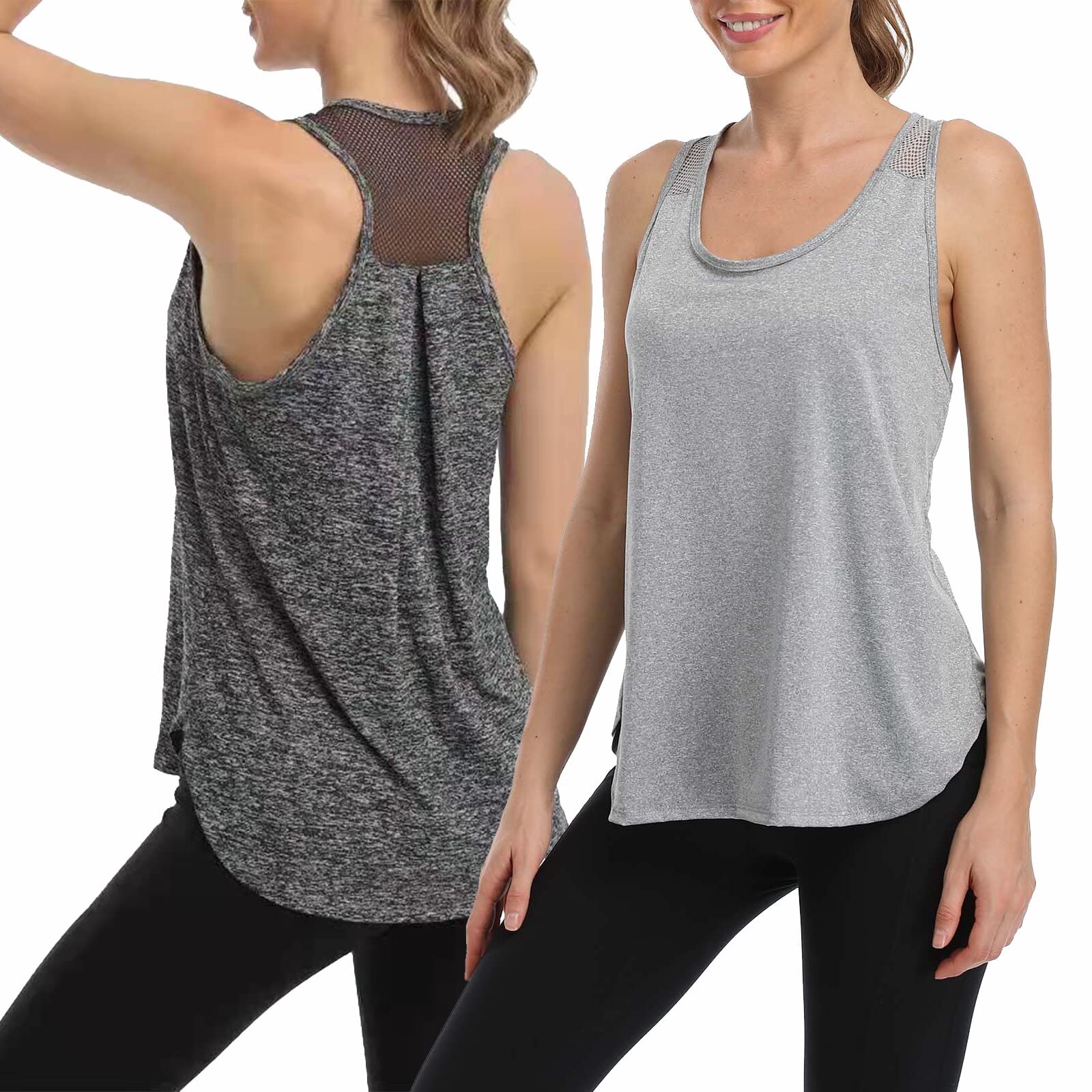 FOLIN Women's Sports Tank Tops Mesh Open Tank Tops for a Variety of Sports and Everyday Wear(Pack of 2) Grey, X-Large