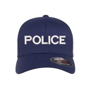 Police Logo Embroidered FlexFit Hat (S-M Curved Brim, Navy Blue)