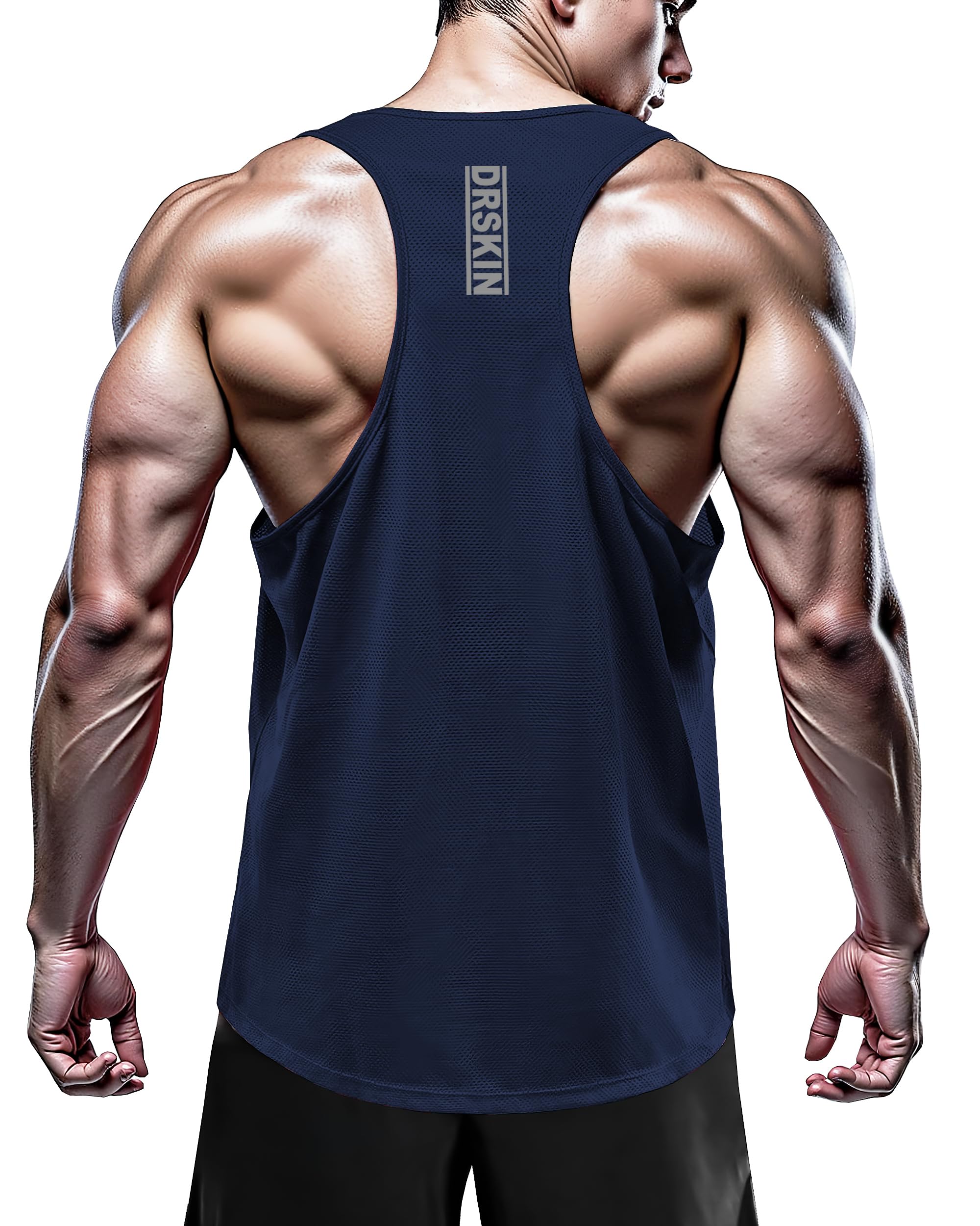 DRSKIN Men's 4 Pack Dry Fit Y-Back Muscle Tank Tops Mesh Sleeveless Gym Bodybuilding Training Athletic Workout Cool Shirts (BTF-ME-TA-(B,W,N,G), L)