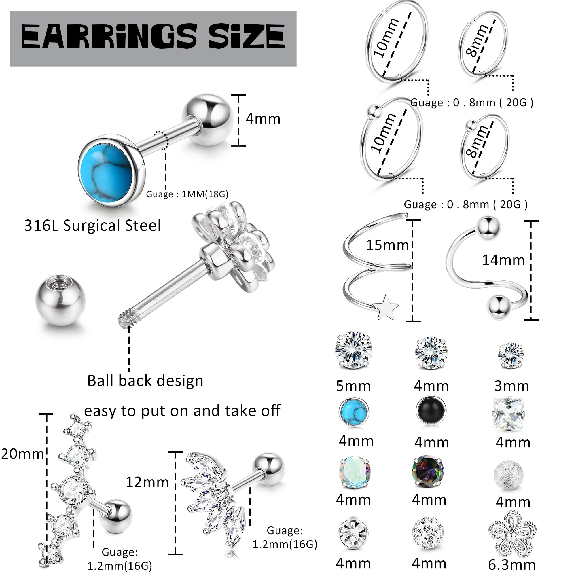 FASACCO 24Pcs Cartilage Earring for Women Men Surgical Steel Stud Earrings Set Forward Helix Earrings Small CZ Moon Star Opal Screw Back Earrings Conch Helix Tragus Piercing Jewelry Silver