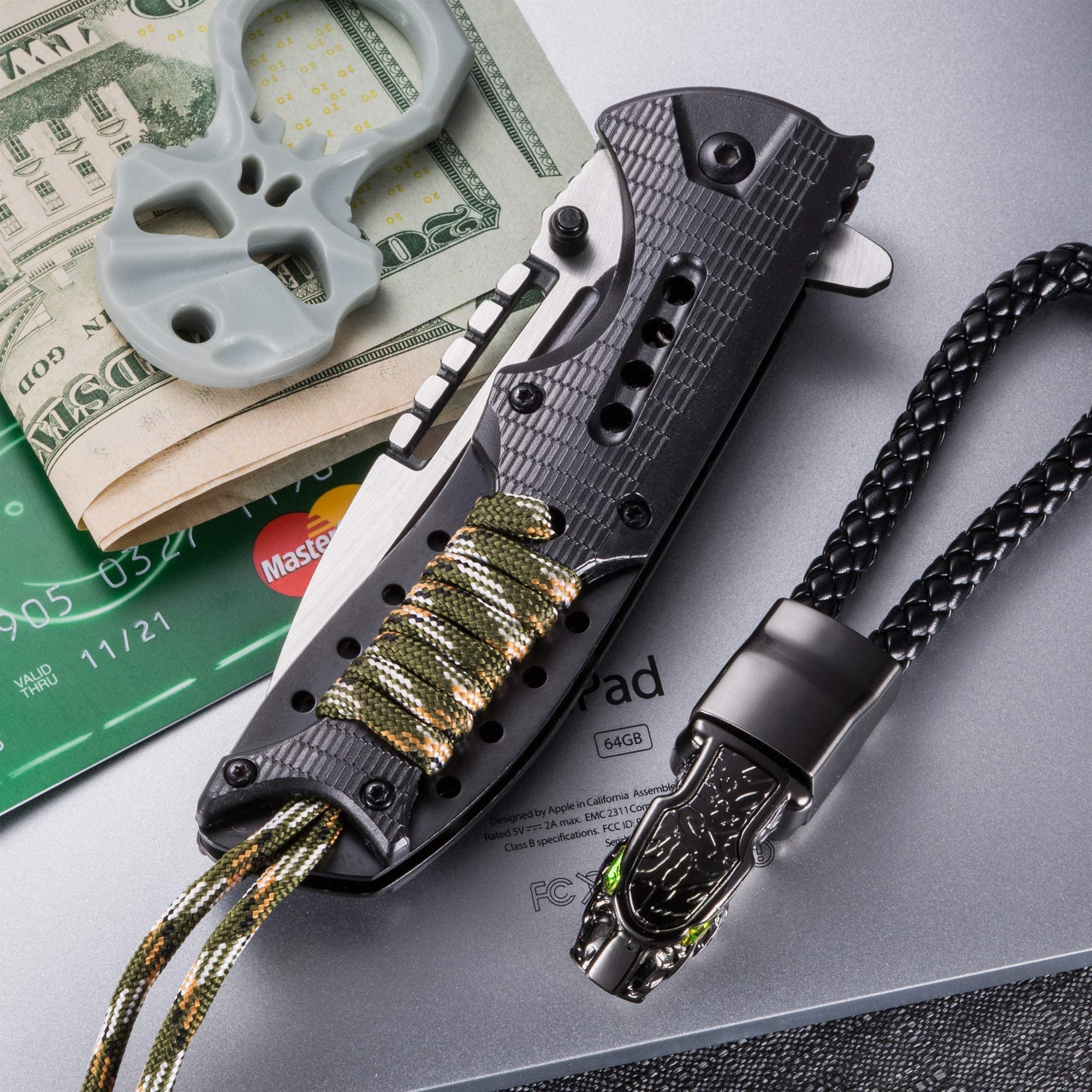 Bundle of 2 Items - Pocket Knife - Survival Military Foldable Knife - Best Outdoor Camping Hunting Folding Knife - Bushcraft Field Gear Accessories Tool - Fixed Blade Sharp Knofe with Rubber Handle