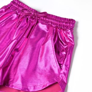 Women's Metallic Shorts Rose Pink Yoga Shiny Sparkly Hot Drawstring Outfit Small