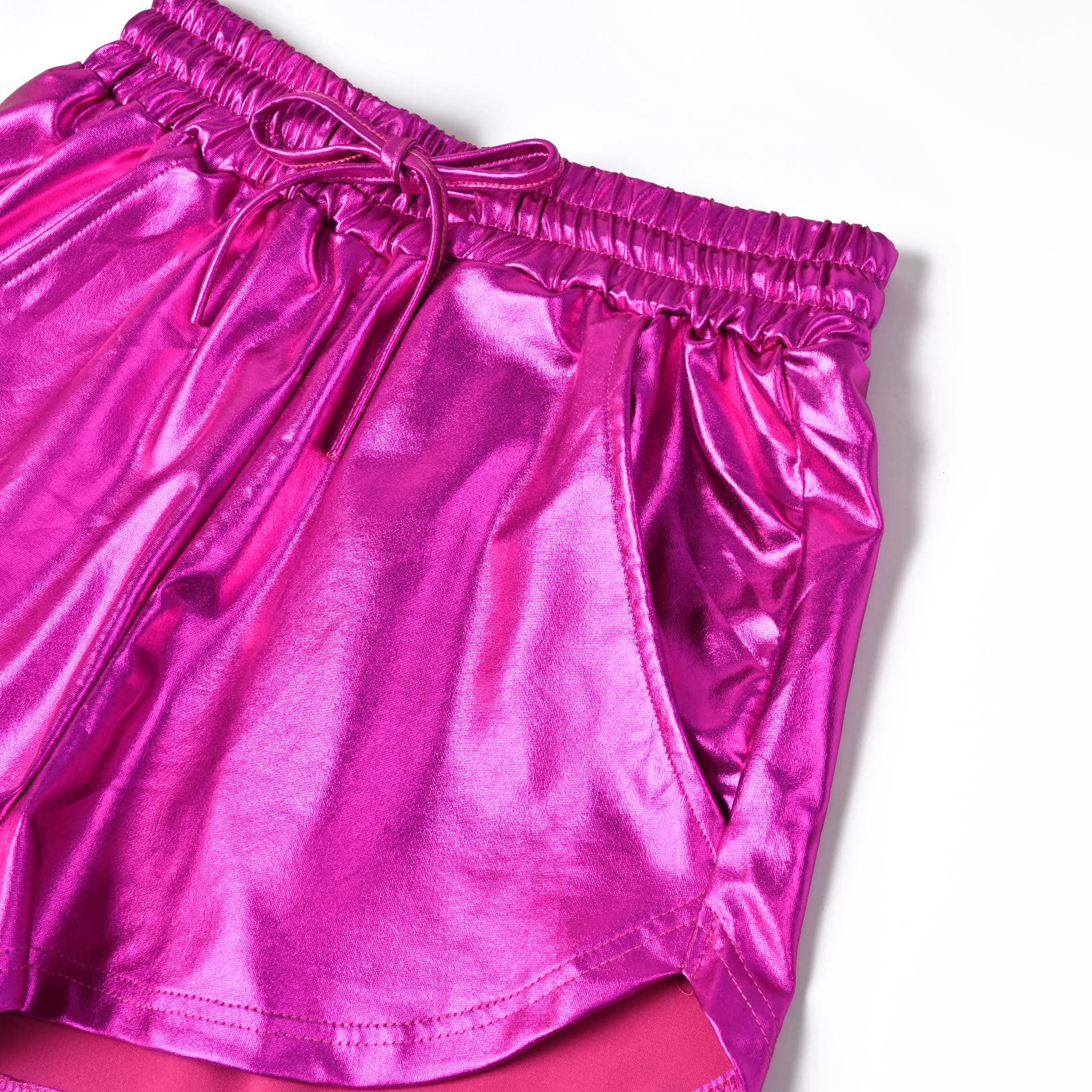 Women's Metallic Shorts Rose Pink Yoga Shiny Sparkly Hot Drawstring Outfit Small