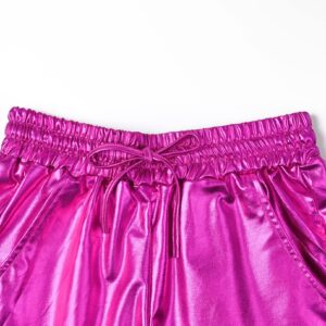 Women's Metallic Shorts Rose Pink Yoga Shiny Sparkly Hot Drawstring Outfit Small