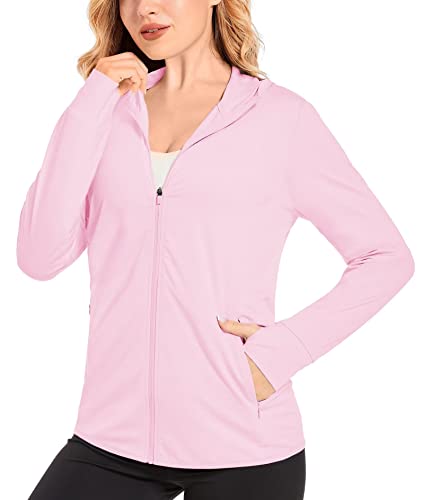 KEFITEVD Womens Sun Shirts Long Sleeve SPF 50+ Sun Protection Jacket UV Protection Hiking Jackets Hooded Long Sleeve Cooling Shirt with Pockets Light Pink