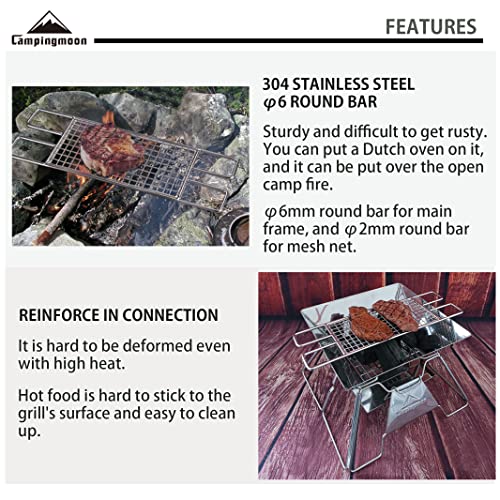 CAMPINGMOON 304 Stainless Steel Cooking Grates for Camping Stove Grill Campfire Open Fire with Carry Bag MTG-C (L 15.7 x W 5.1 Cooking grate (MTG-D))