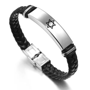 foreverwill star of david jewish bracelet religious jerusalem mogen david star leather bracelet women men judaica hebrew israel faith hanukkah wristband israeli amulet jewelry, 8.26 inch,black