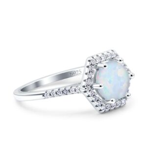 Blue Apple Co. Lab Created White Opal Size-6 Art Deco Hexagon Wedding Bridal Ring Round CZ 925 Sterling Silver