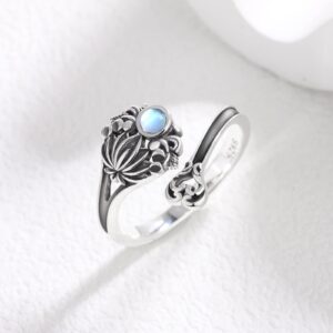 S925 Sterling Silver Spoon Ring for Women - Cross Turquoise Lotus Moonstone Style Spoon Rings Adjustable - Antique Wrap Thumb Ring Open Size 6-11 (Lotus Moonstone Style)