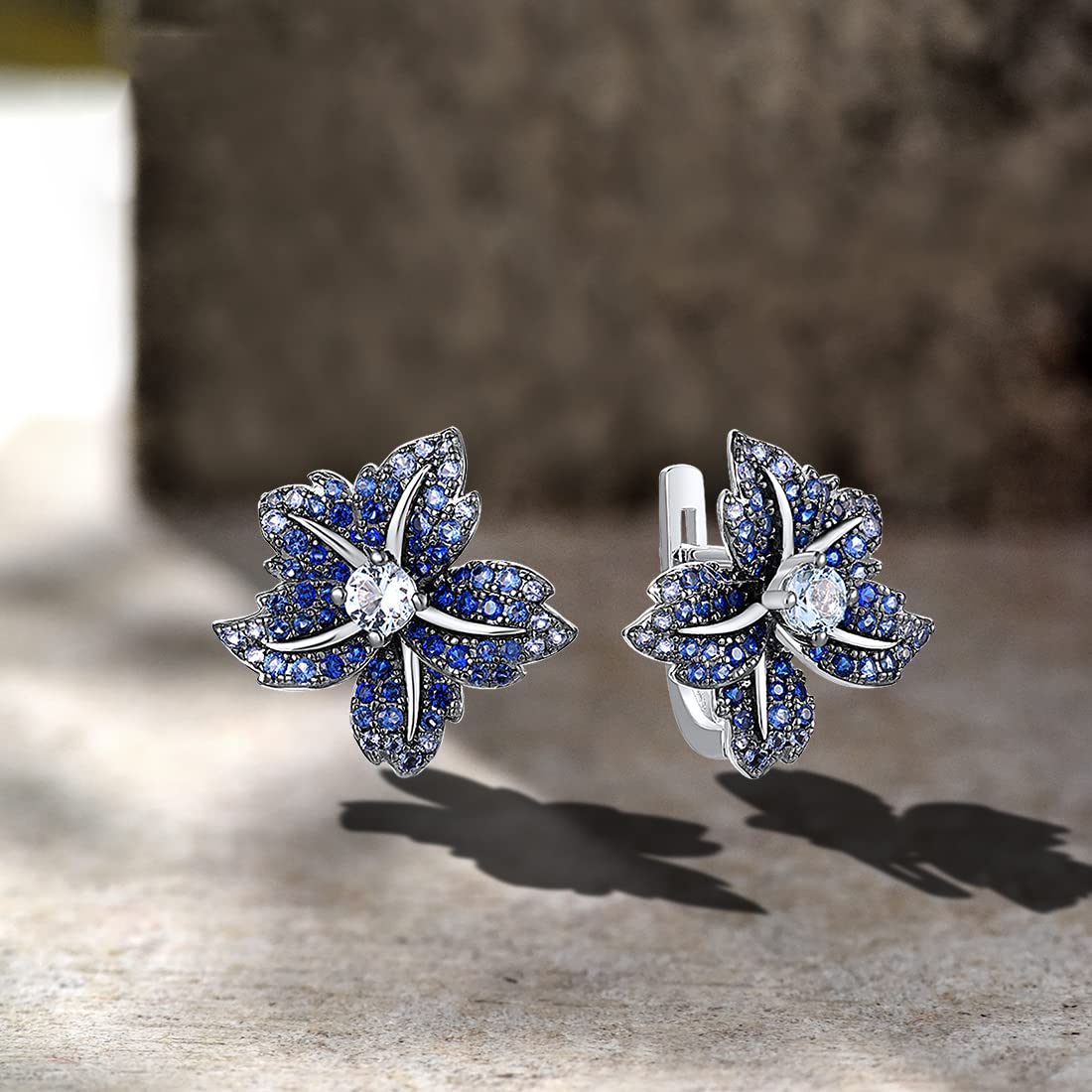 Santuzza 925 Sterling Silver Lily Earrings Blue Spinel Nano Cubic Zirconia Gemstone Flower Dangle Earrings for Women