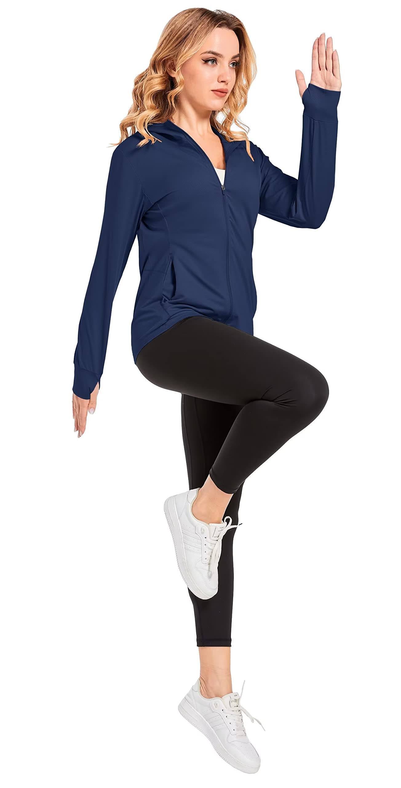 KEFITEVD UPF Shirt Women Long Sleeve UPF 50+ Sun Protection Hoodie Jacket Outdoor Workout Tops for Women Hooded Fishing Shirt Dry Fit Shirts Women Navy