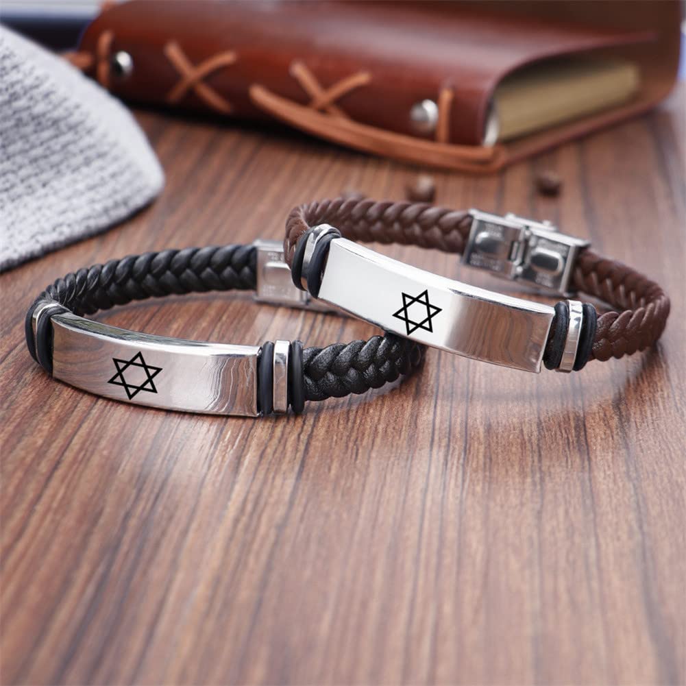 ForeverWill Star of David Jewish Bracelet Religious Jerusalem Mogen David Star Leather Bracelet Women Men Judaica Hebrew Israel Faith Hanukkah Wristband Israeli Amulet Jewelry, 8.26 Inch,Black